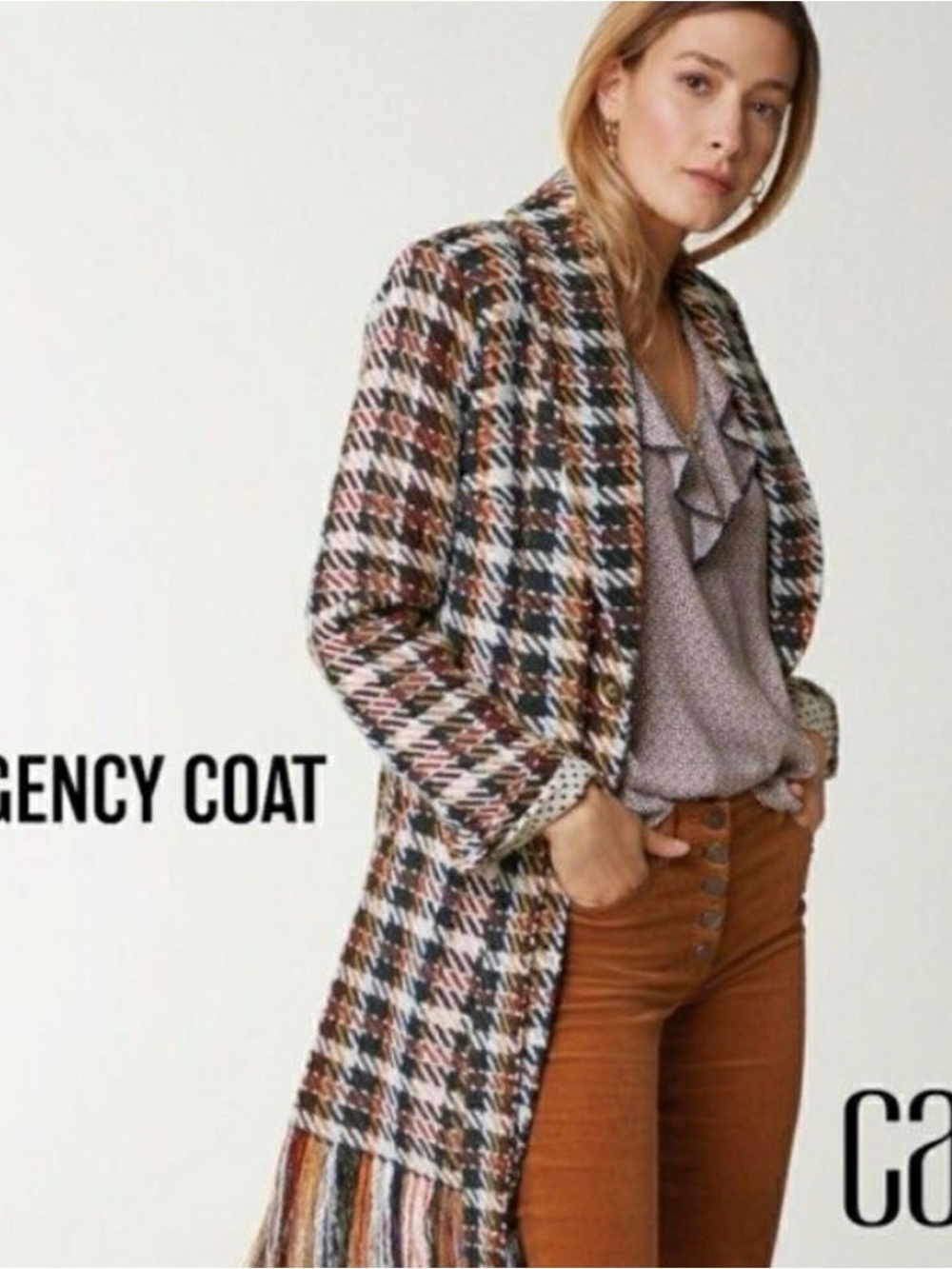 CAbi Regency Multi-Color Plaid Fringe Coat size Medium M